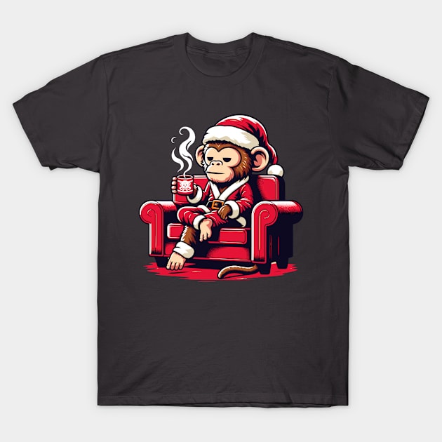 Monkey Drinking Coffee Christmas T-Shirt by Graceful Designs